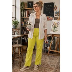 Bob Mackie Wearable Art Lime Green Ankle Pants Women's L Zip Hem Stretch Artsy